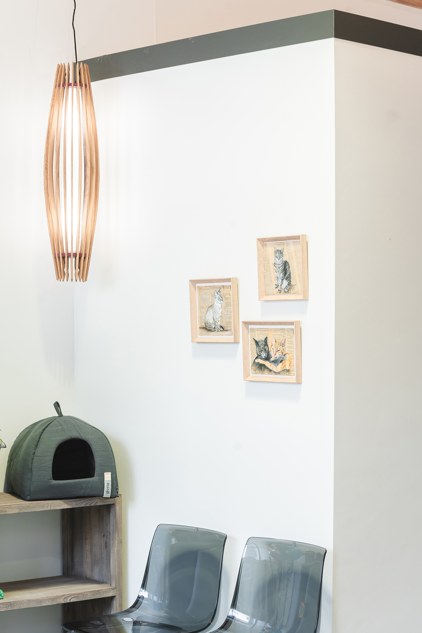 Zona de espera con asientos, decoración en las paredes y cama para mascotas